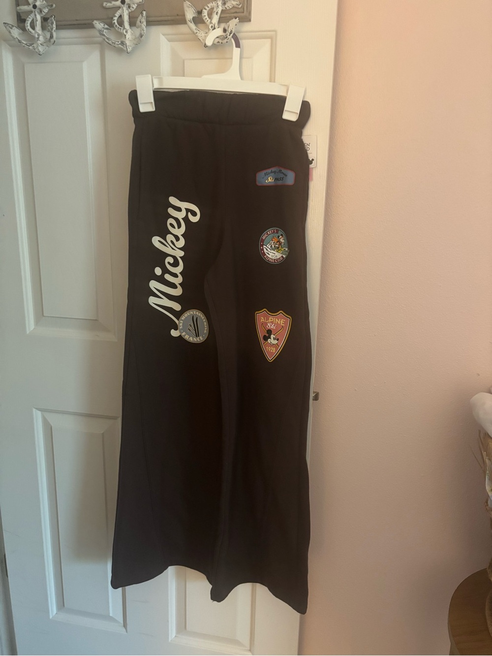 Disney Brown Sweatpants with White Mickey Script and Multicolor Patches